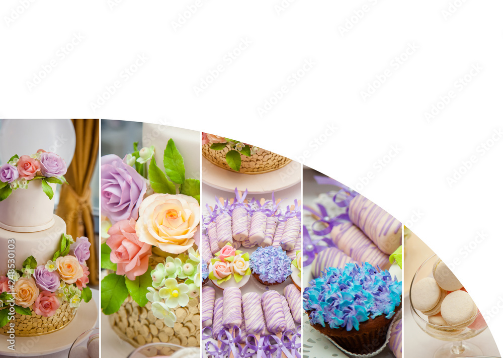 Flower summer time theme for party or birthday. Collage of five pictures of sweets, cupcakes, pop cakes Flower summer time theme for party or birthday. Collage of five pictures of sweets, cupcakes, pop cakes