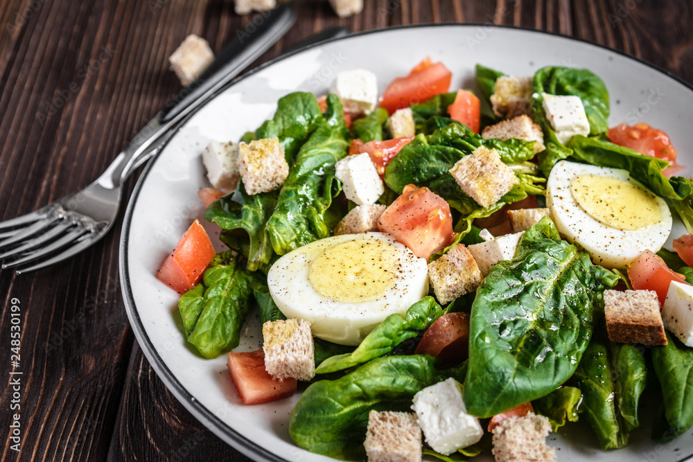 Fresh vegetable salad with tomatoes, spinach, bread crumbs, egg and feta. Healthy food. Dietary dinner or lunch menu. Salad plate on the table. Fresh vegetable salad with tomatoes, spinach, bread crumbs, egg and feta. Healthy food. Dietary dinner or lunch menu. Salad plate on the table.
