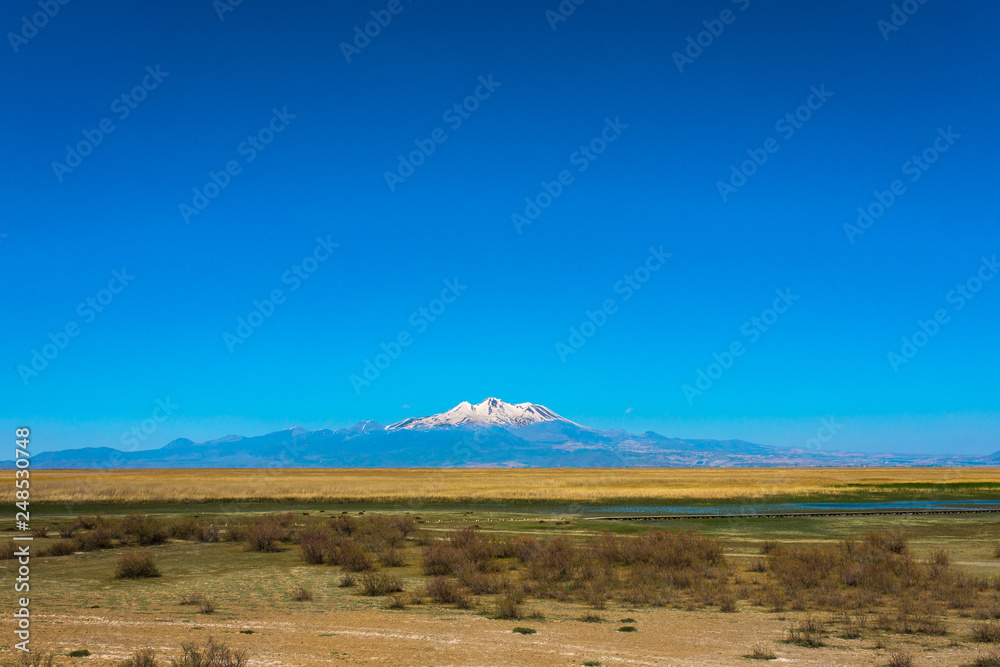 Mountain and Marshes, Reeds under the clean blue sky. This is Erciyes Mountain in Kayseri Turkey. Sultan Sazligi national park in Develi Valley. Beautiful pastoral landscape