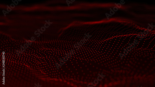 3D abstract digital wave particles. Network mesh technology wave digital illustration. Big data. 3D rendering.