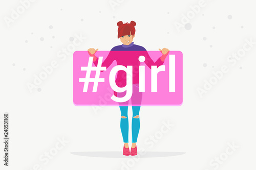 Hashtag girl concept flat vector illustration of happy teenager smiling and holding a banner with hashtag for social media