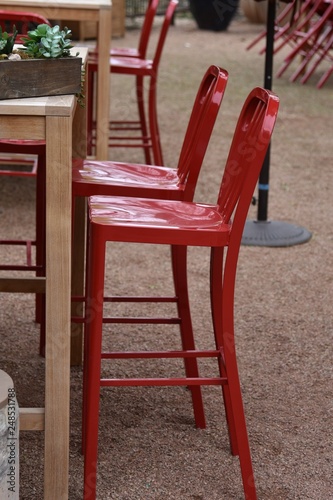 Red barstools and table