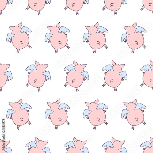 Vector seamless pattern of cartoon pigs angels flying on white background.