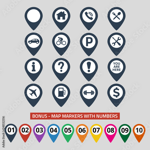 Map pin location icons set on gray background.