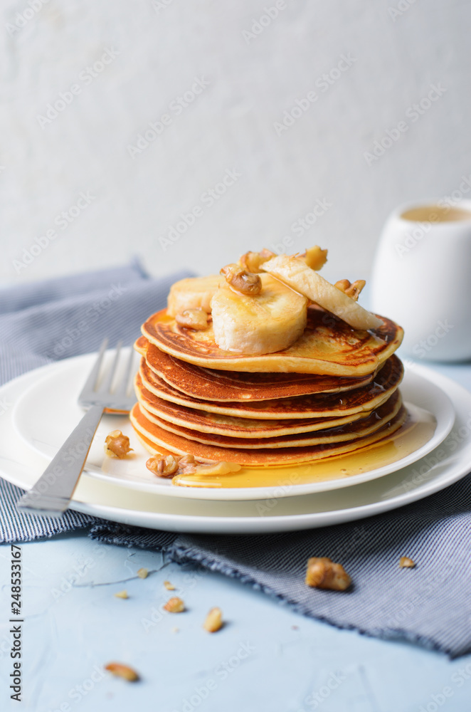 Homemade Pancakes with Banana, Nuts and Honey, Gluten Free Pancakes, Healthy Breakfast Homemade Pancakes with Banana, Nuts and Honey, Gluten Free Pancakes, Healthy Breakfast