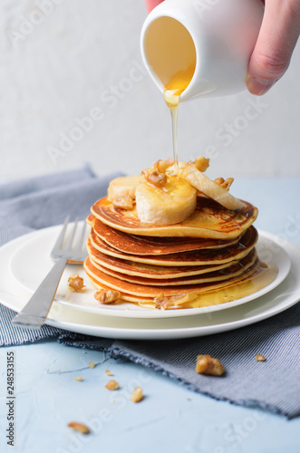 Homemade Pancakes with Banana, Nuts and Honey, Gluten Free Pancakes, Healthy Breakfast photo