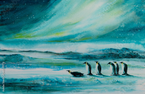 Penguins in ice desert land...