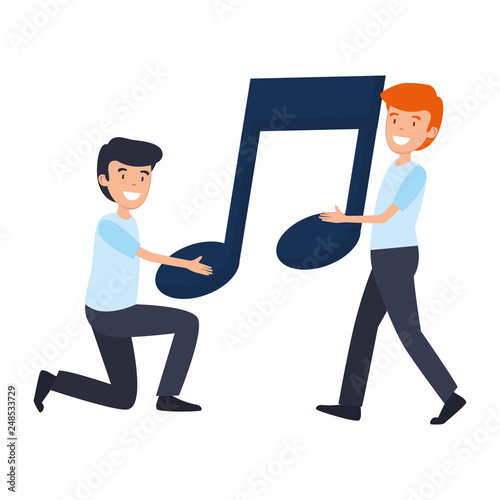 young men lifting music note