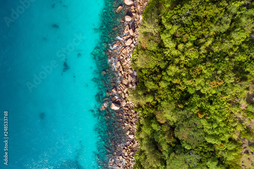 Aerial view of beautiful island at Seychelles in the Indian Ocean. Top view from drone