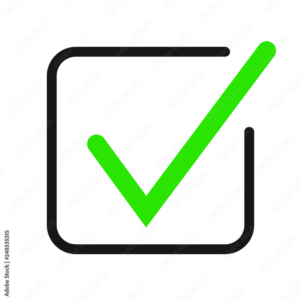 Tick icon vector symbol, checkmark isolated on white background. Check list button icon. Check mark icon in square sign. Tick icon vector symbol, checkmark isolated on white background. Check list button icon. Check mark icon in square sign.