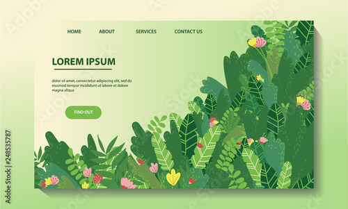 Vector landing page design with tropical greens