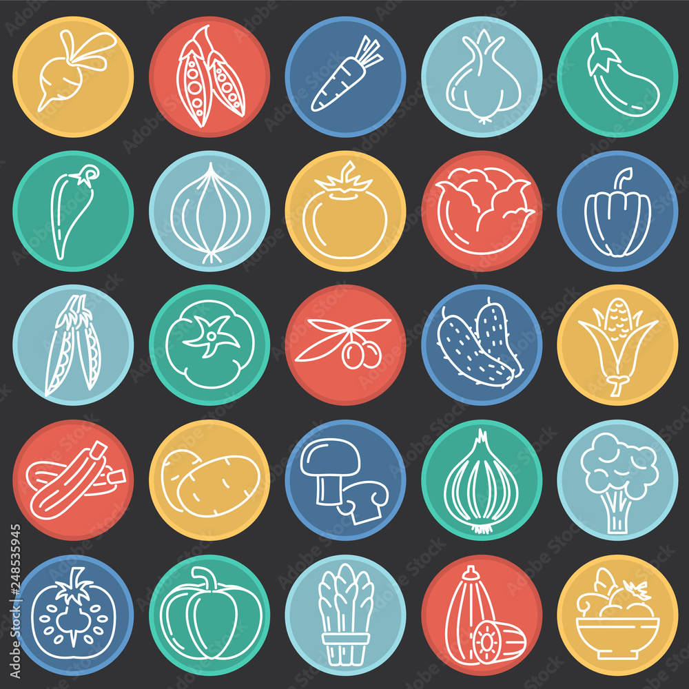 Vegetables line icons set on color circles black background for graphic and web design, Modern simple vector sign. Internet concept. Trendy symbol for website design web button or mobile app Vegetables line icons set on color circles black background for graphic and web design, Modern simple vector sign. Internet concept. Trendy symbol for website design web button or mobile app