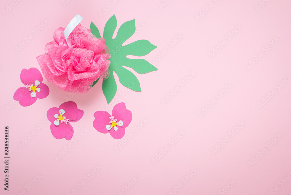 Pink Wisp Bast Bathroom Accessories SPA Concept Body Care Top View Background Pink Wisp Bast Bathroom Accessories SPA Concept Body Care Top View Background