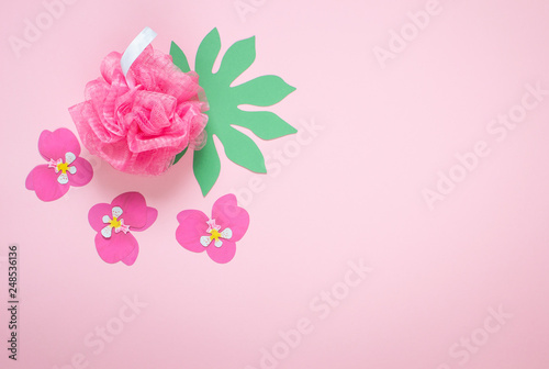 Pink Wisp Bast Bathroom Accessories SPA Concept Body Care Top View Background