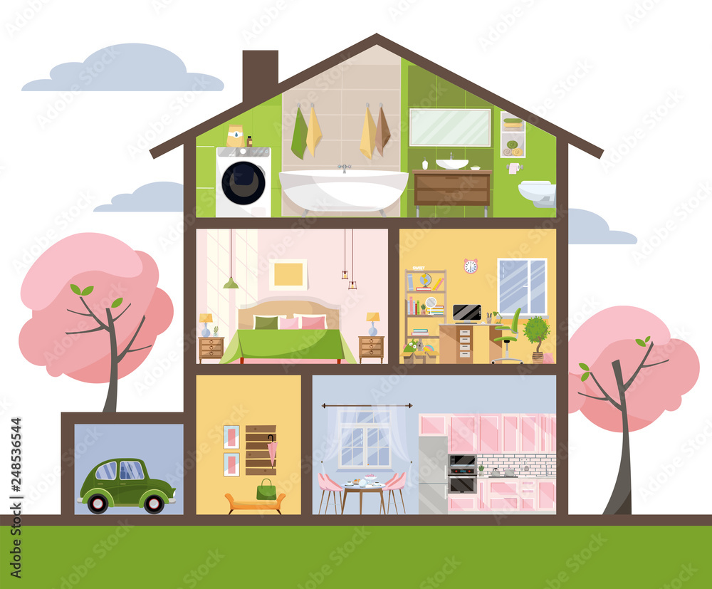 House in cut. Detailed interior. Set of rooms with furniture. Cross section  with bedroom, living room, kitchen, dining, bathroom, nursery, garage. Home  inside. Flat cartoon style vector illustration. Stock Vector | Adobe