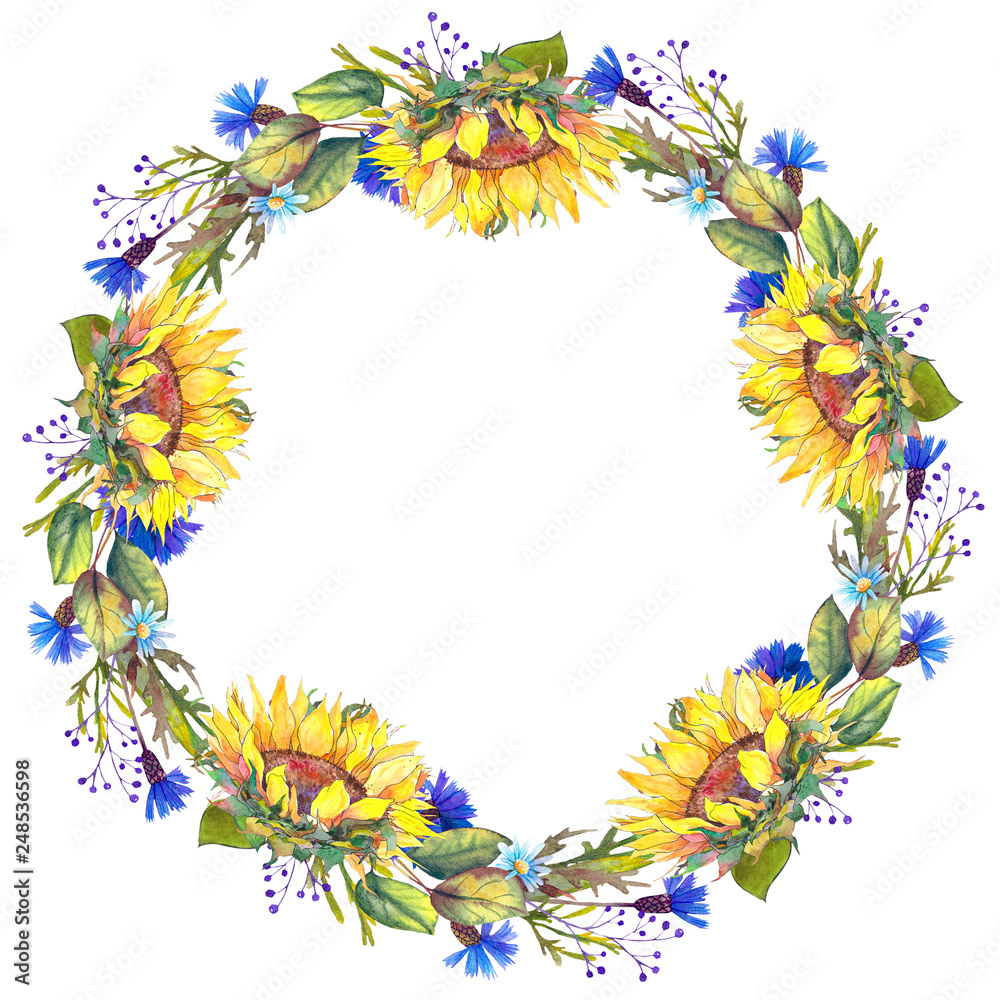 Watercolor wreath with sunflowers, blue cornflowers and leaves. Hand drawn illustration on white background.
