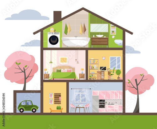 House in cut. Detailed interior. Set of rooms with furniture. Cross section with bedroom, living room, kitchen, dining, bathroom, nursery, garage. Home inside. Flat cartoon style vector illustration.