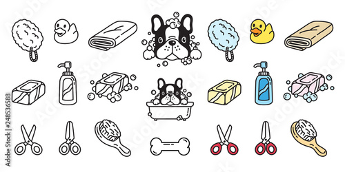 dog vector french bulldog icon bath shower soap shampoo rubber duck cartoon character illustration doodle