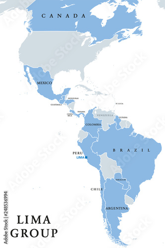 Lima Group, multilateral body, political map. Twelve countries signed a declaration to establish a peaceful exit to the crisis in Venezuela. Guyana, Saint Lucia joined later. English labeling. Vector.