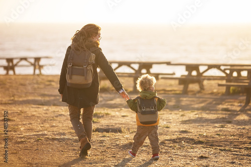 Mother with  son visit  Pacific Ocean in California photo