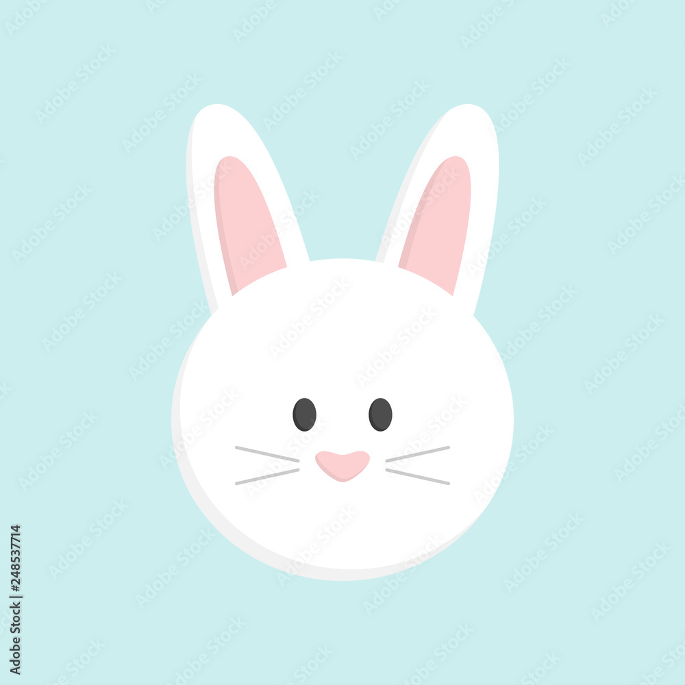 Cute Easter bunny head, isolated on baby blue background. White easter bunny face vector graphic illustration icon. Cute Easter bunny head, isolated on baby blue background. White easter bunny face vector graphic illustration icon.