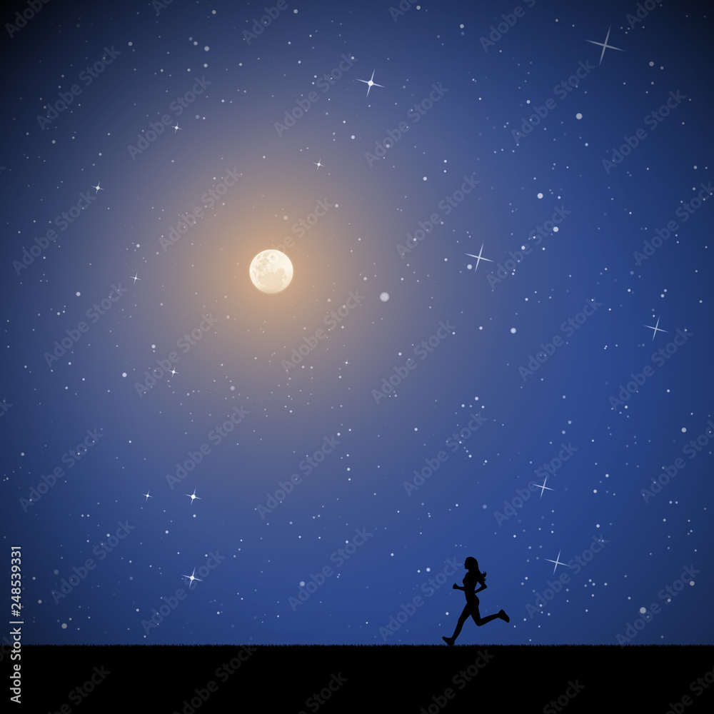Girl running on moonlit night. Vector illustration with silhouette of female runner in park. Northern lights in starry sky. Full moon in starry sky Girl running on moonlit night. Vector illustration with silhouette of female runner in park. Northern lights in starry sky. Full moon in starry sky