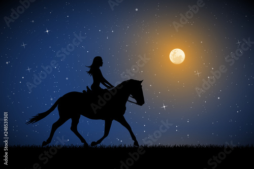 Girl on horse on moonlit night. Vector illustration with silhouette of running horse and female rider in park. Full moon in starry sky
