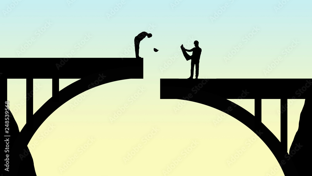 Fototapeta Plan ahead is the theme of this illustration of workmen inspecting a bridge that doesn't come together in the middle.
