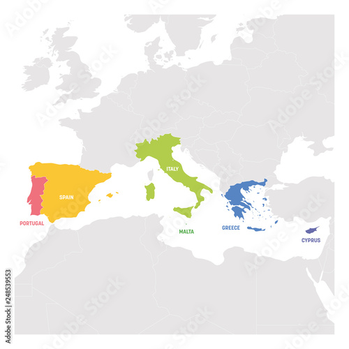 South Europe Region. Colorful map of countries in southern Europe around Mediterranean Sea. Vector illustration