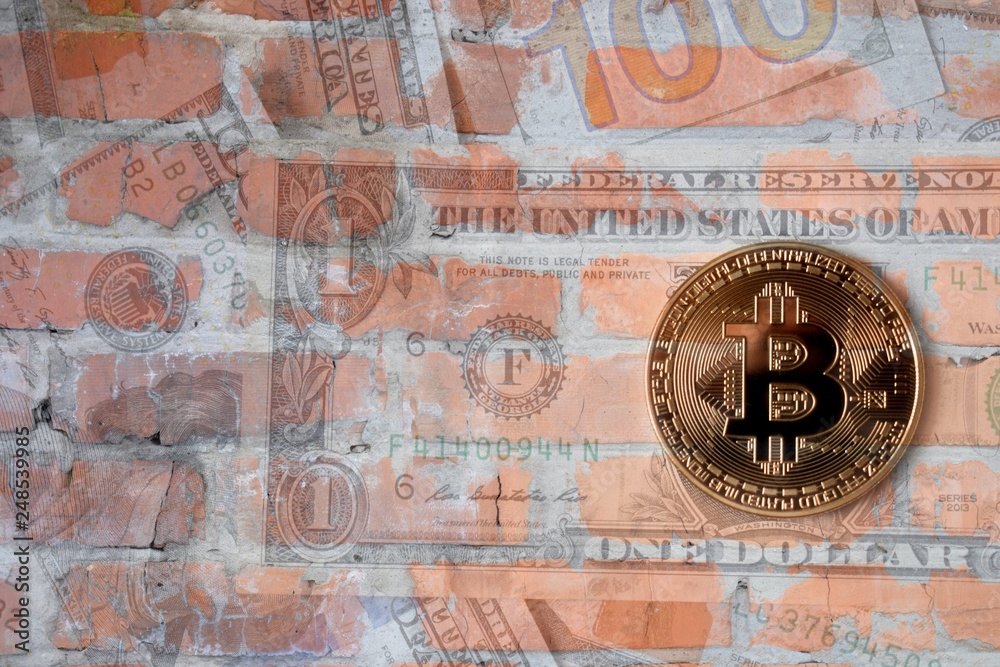 Fototapeta premium Bitcoin on brick wall background