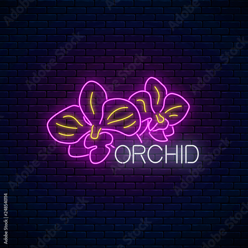 Glowing neon orchid sign. Floral symbol with orchid flowers in neon style