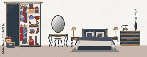 Vector main bedroom interior. Flat design stylization.
