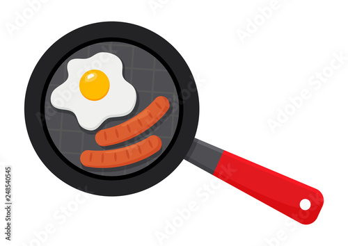 Fried eggs and sausage on frying pan. Vector illustration