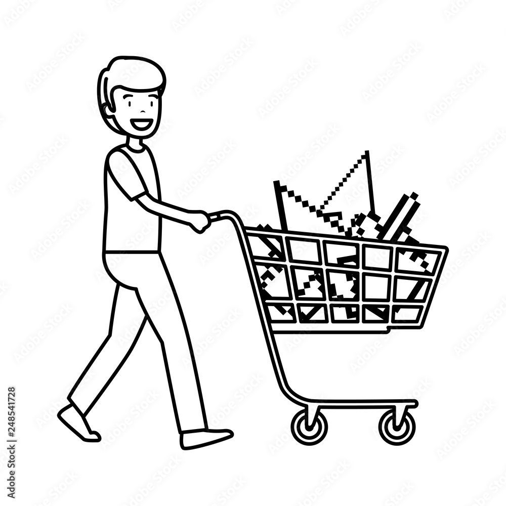 man with shopping cart and arrows mouse pointers man with shopping cart and arrows mouse pointers