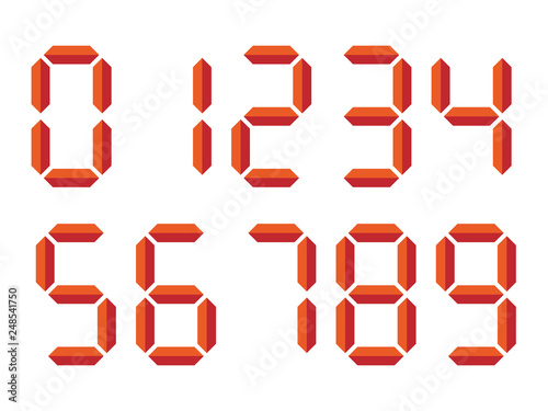 Red 3D-like digital numbers. Seven-segment display is used in calculators, digital clocks or electronic meters. Vector illustration