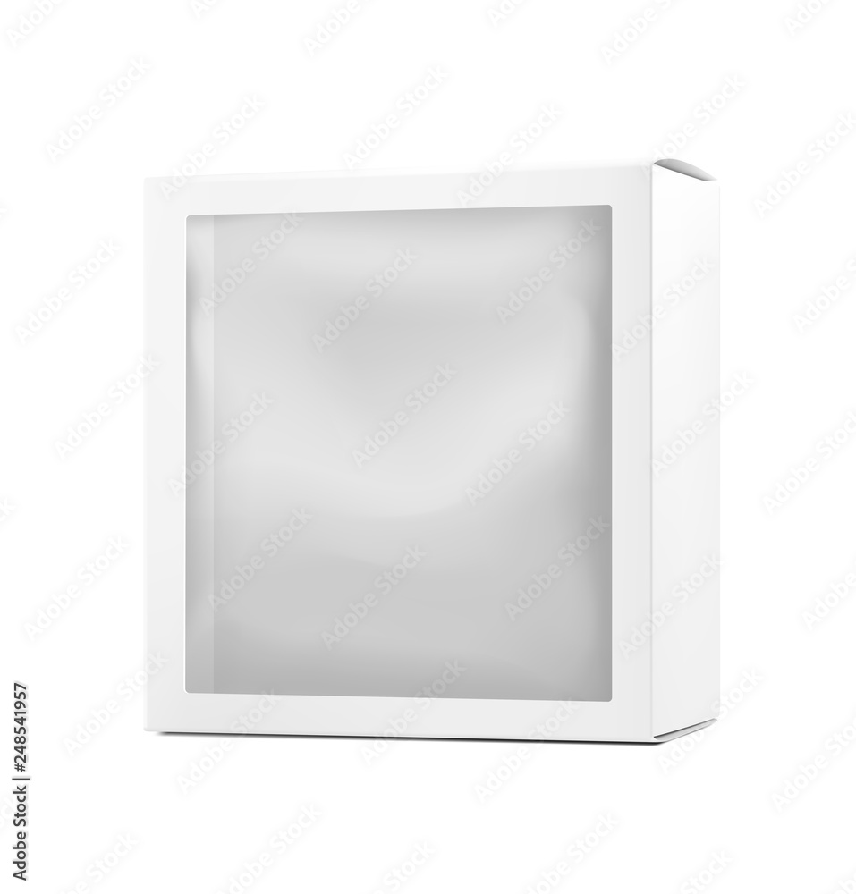 Universal mockup of blank cardboard box with transparent plastic window. Vector illustration isolated on white background, ready and simple to use for your design. EPS10. Universal mockup of blank cardboard box with transparent plastic window. Vector illustration isolated on white background, ready and simple to use for your design. EPS10.
