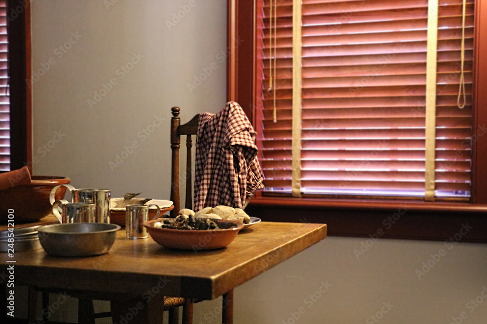 Obraz premium Interior rustic table and window with blinds