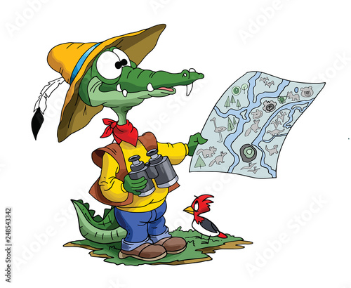 Cartoon adventurer alligator looking his map to find his route vector illustration