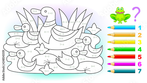 Educational page with exercises for children on addition and subtraction. Solve examples and paint the ducks family in relevant colors. Developing skills for counting. Printable worksheet for kids.