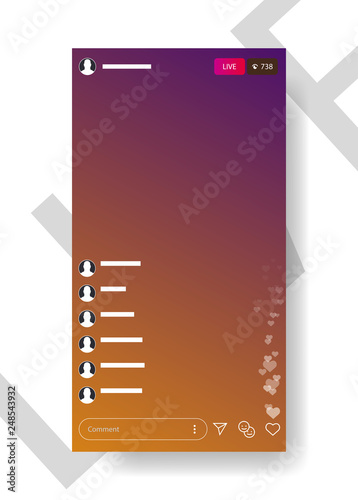 The template is live streaming. The user started a live streaming. Insta streaming video. Vector template broadcast