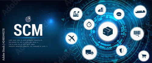 SCM - Supply Chain Management, Aspects of Modern Company Logistics Processes, business challenges design – company symbol with various business facets