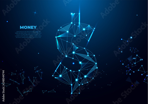 Vector dollar sign, money dollar icon - currency dollar bill symbol. Polygonal wireframe mesh art, poly low. Financial structure, banking business
