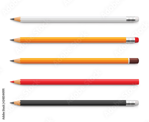 Set of yellow pencils, red and black, sharpened with a rubber band and without - stock vector.