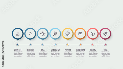Business infographics. Timeline with 8 steps, options, circles. Vector template.