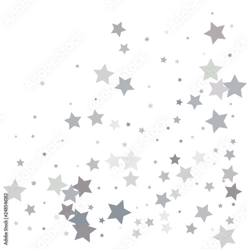 Silver glitter falling stars. Silver sparkle star on white background. Vector template for New year, Christmas, birthday, party, wedding, card, invitation, flyer, voucher, web, header. Star confetti.