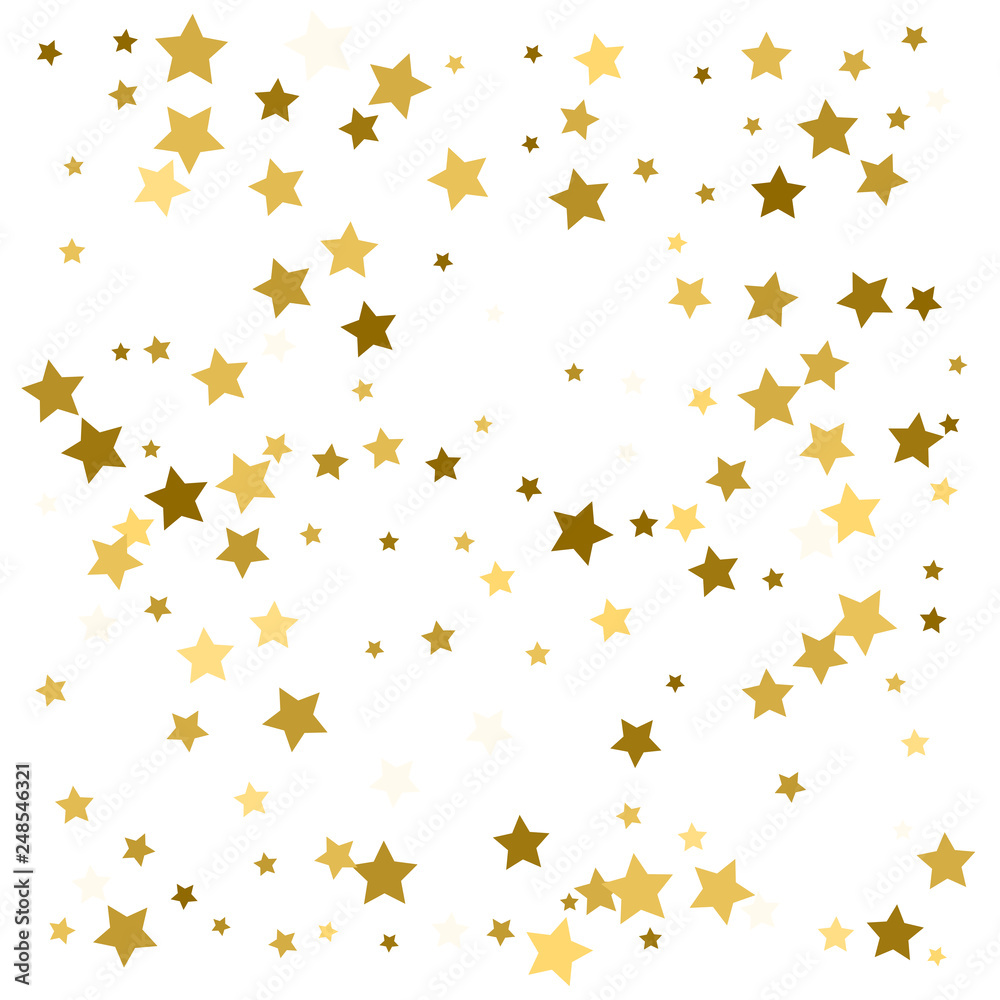 Obraz premium Gold star confetti rain festive holiday background. Vector golden paper foil stars falling down isolated on white background.