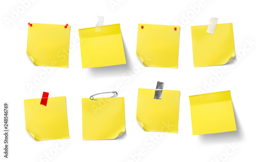Realistic set of stick notes with pin, thumbtack, safety pin, tape. Ready for your design. Vector illustration isolated on white background. EPS10.