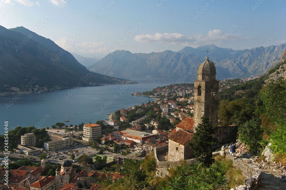 Aerial view of Kotor, a coastal town in Montenegro on the Gulf of Kotor