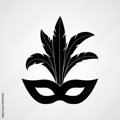 Carnival mask with feathers black silhouette. Vector icon