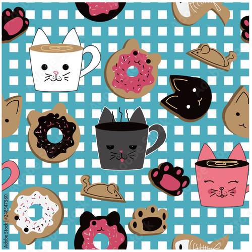 Vector Seamless Pattern Cat Cafe Treats and Mugs on a checked background